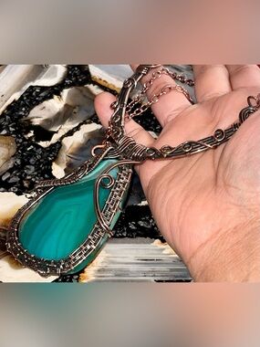 Oxidized Copper Wire-wrapped Green Lace Agate Pendant Necklace